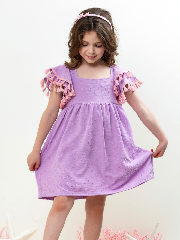girls spring dress with tassel flutter sleeves