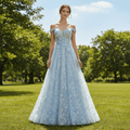Light Blue Off-the-Shoulder A-line Long Prom Dress with Floral Appliques - Rosymae