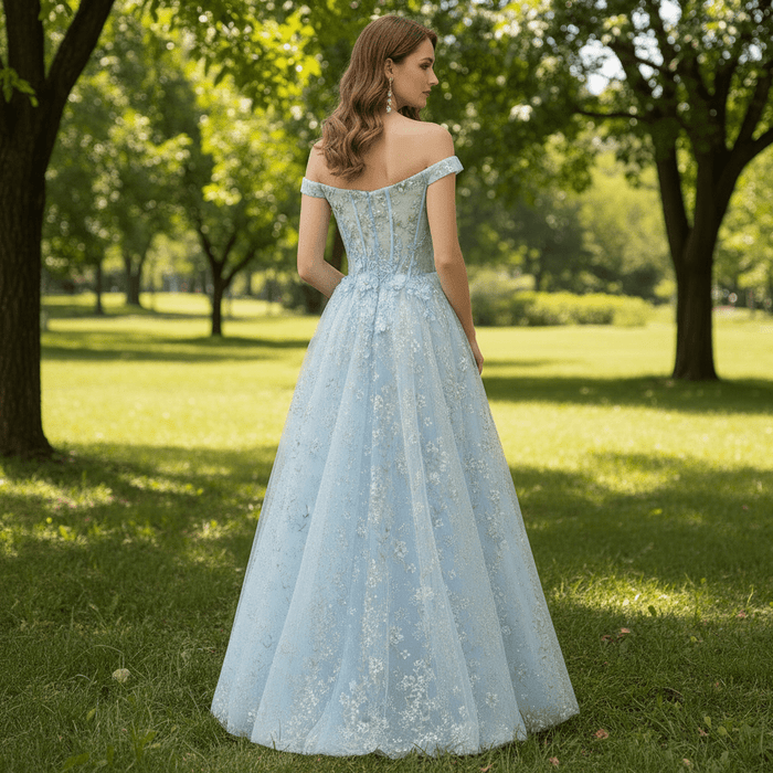 Light Blue Off-the-Shoulder A-line Long Prom Dress with Floral Appliques - Rosymae