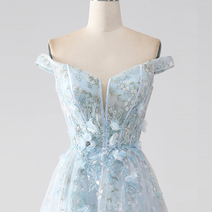 Light Blue Off-the-Shoulder A-line Long Prom Dress with Floral Appliques - Rosymae