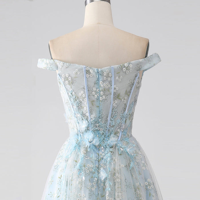 Light Blue Off-the-Shoulder A-line Long Prom Dress with Floral Appliques - Rosymae