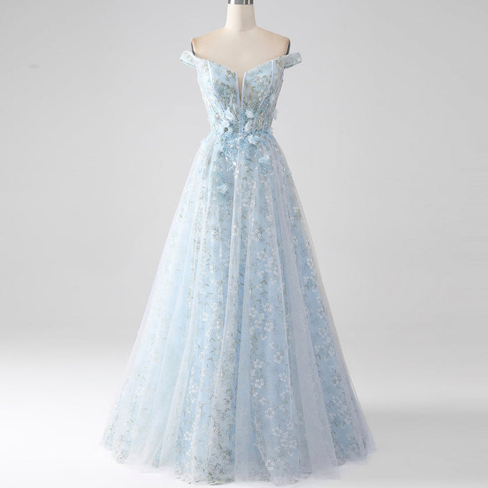 Light Blue Off-the-Shoulder A-line Long Prom Dress with Floral Appliques - Rosymae