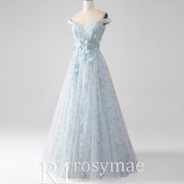 Light Blue Off-the-Shoulder A-line Long Prom Dress with Floral Appliques - Rosymae