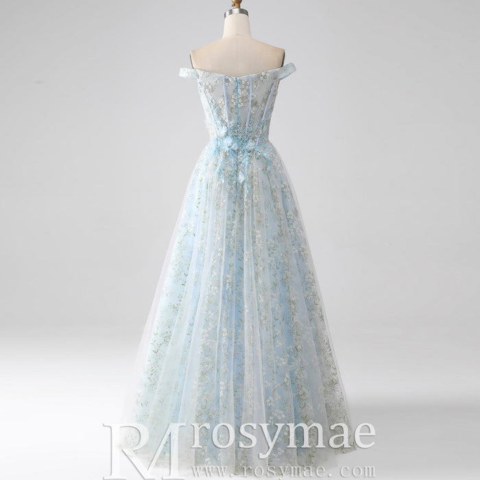 Light Blue Off-the-Shoulder A-line Long Prom Dress with Floral Appliques - Rosymae