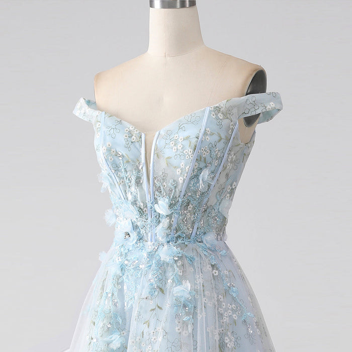 Light Blue Off-the-Shoulder A-line Long Prom Dress with Floral Appliques - Rosymae
