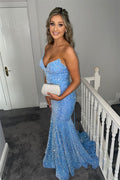 Light Blue Strapless Lace-Up Mermaid Sequins Long Prom Dress
