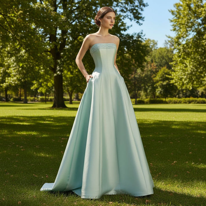 Light Green Strapless Satin A-line Bridal Wedding Dresses - Rosymae