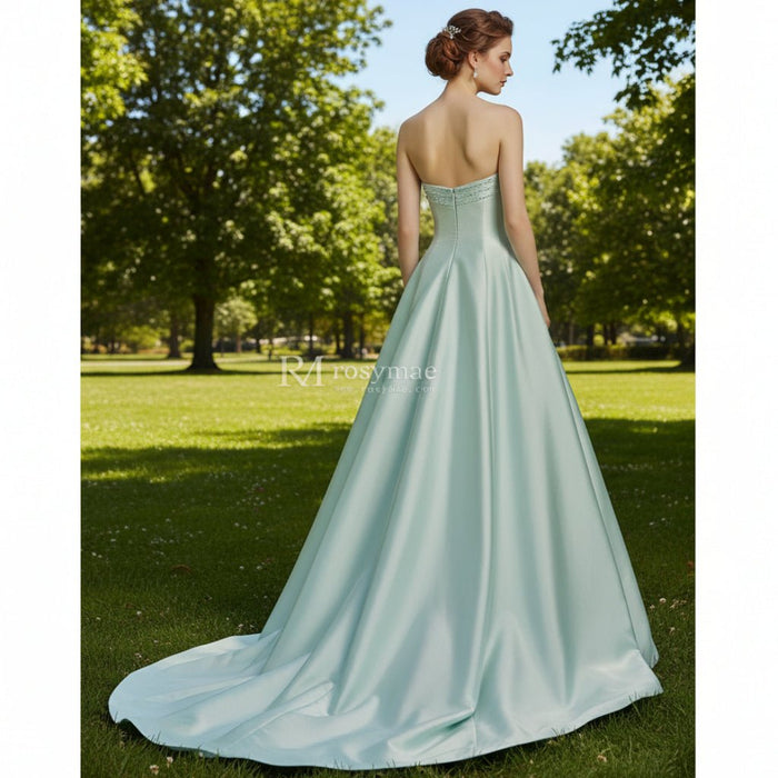 Light Green Strapless Satin A-line Bridal Wedding Dresses - Rosymae
