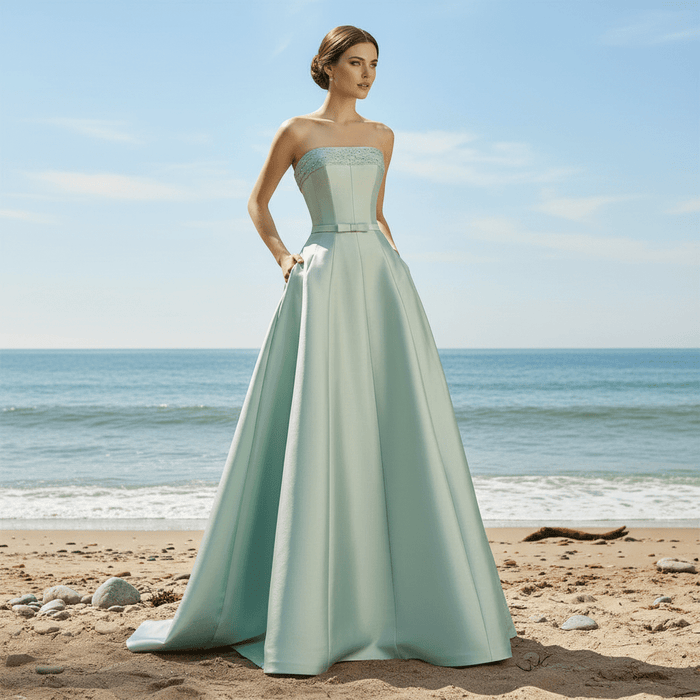 Light Green Strapless Satin A-line Bridal Wedding Dresses - Rosymae
