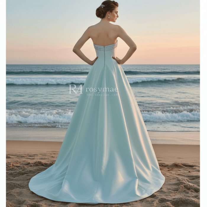 Light Green Strapless Satin A-line Bridal Wedding Dresses - Rosymae