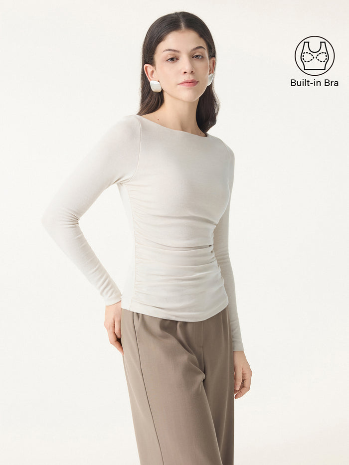 OGLmove Light Warm Boatneck Ruched Bra Top Cloud White XXS