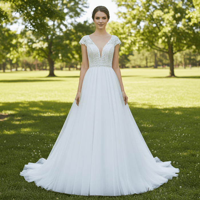 Lightweight Flowy Capped Short Sleeve A-line Tulle Wedding Dress with Vneck - Rosymae