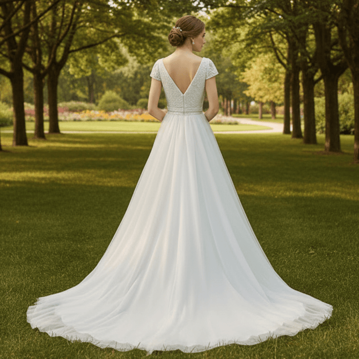 Lightweight Flowy Capped Short Sleeve A-line Tulle Wedding Dress with Vneck - Rosymae