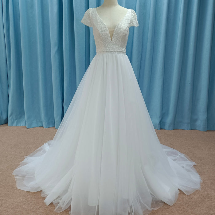 Lightweight Flowy Capped Short Sleeve A-line Tulle Wedding Dress with Vneck - Rosymae