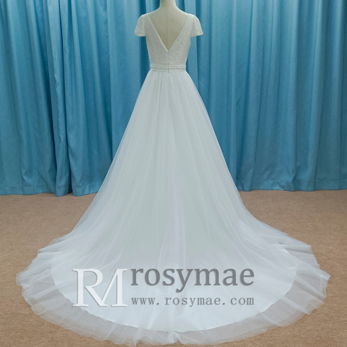 Lightweight Flowy Capped Short Sleeve A-line Tulle Wedding Dress with Vneck - Rosymae