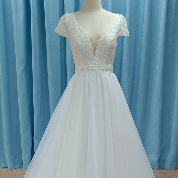 Lightweight Flowy Capped Short Sleeve A-line Tulle Wedding Dress with Vneck - Rosymae