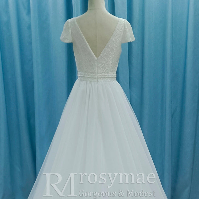 Lightweight Flowy Capped Short Sleeve A-line Tulle Wedding Dress with Vneck - Rosymae