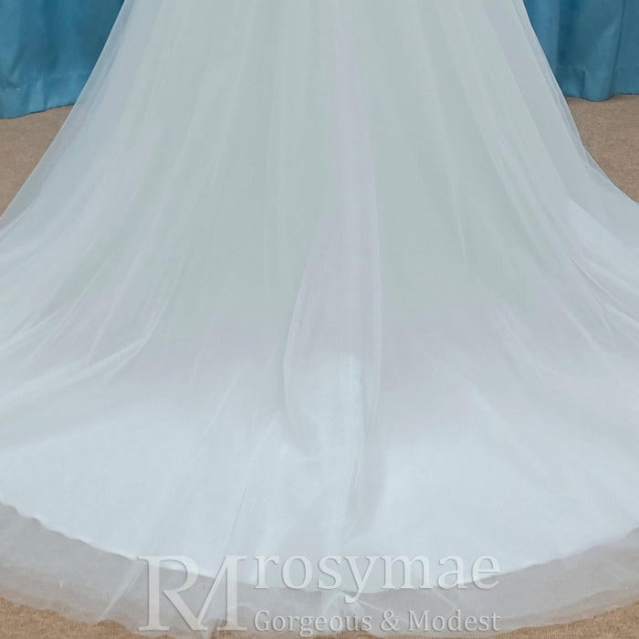 Lightweight Flowy Capped Short Sleeve A-line Tulle Wedding Dress with Vneck - Rosymae