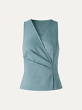 OGLmove Linen Blend Surplice Top with Side Twist Stone Turquoise Blue XS