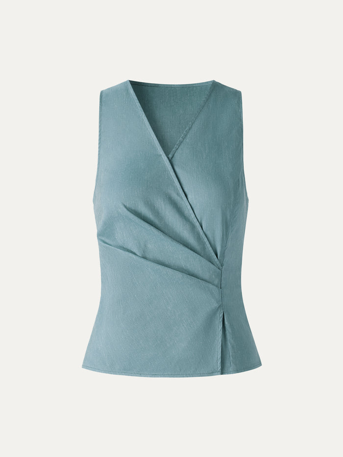 OGLmove Linen Blend Surplice Top with Side Twist Stone Turquoise Blue XS