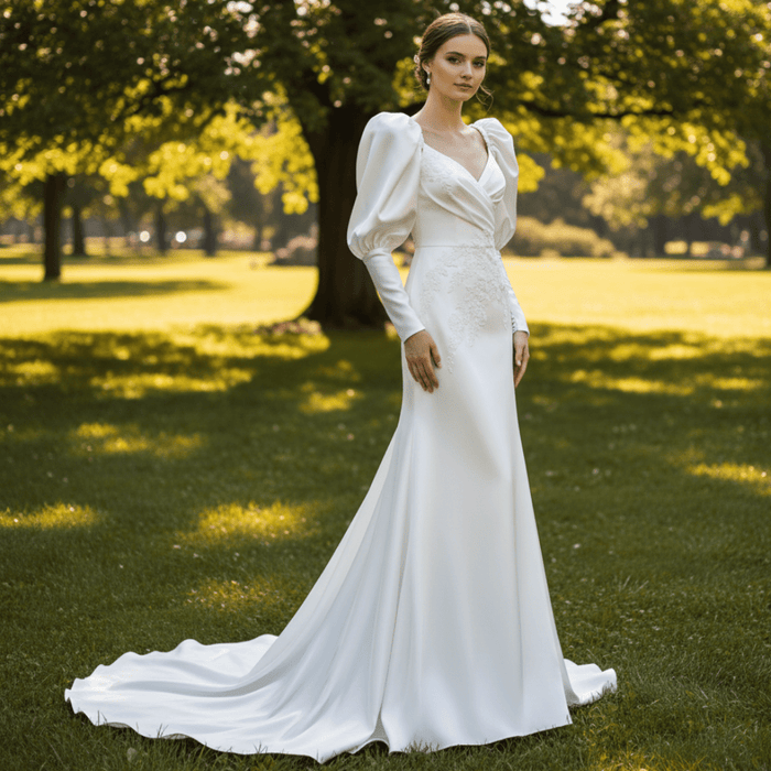 Long Lantern Sleeve Wedding Dresses & Bridal Gowns with V Neck - Rosymae