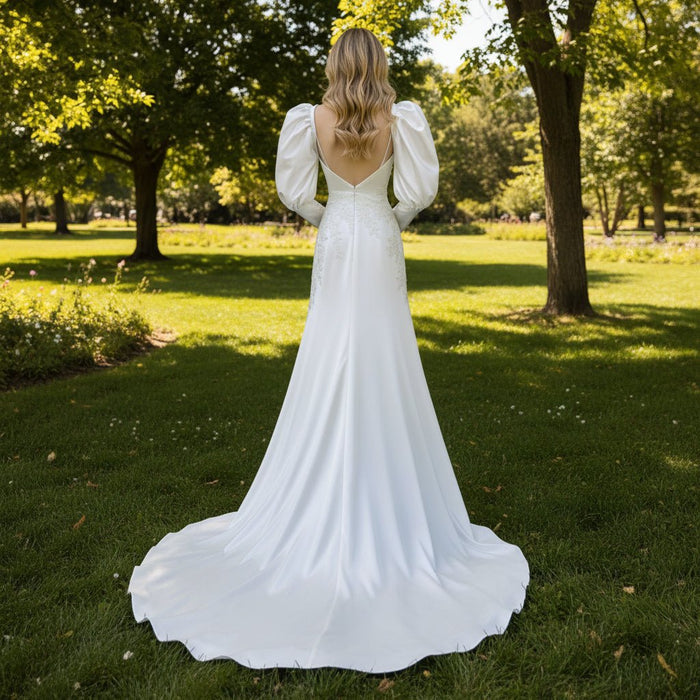 Long Lantern Sleeve Wedding Dresses & Bridal Gowns with V Neck - Rosymae