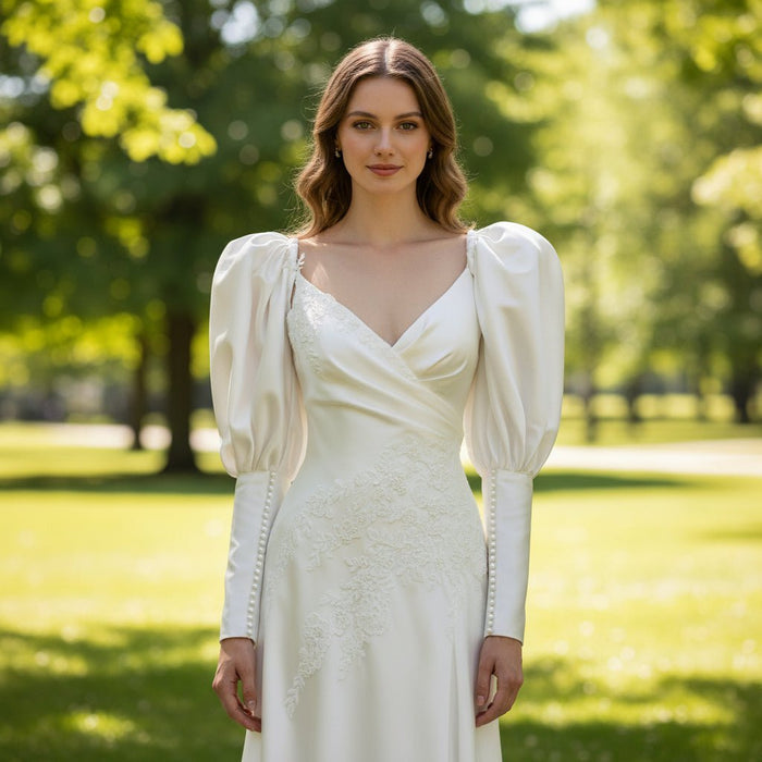 Long Lantern Sleeve Wedding Dresses & Bridal Gowns with V Neck - Rosymae