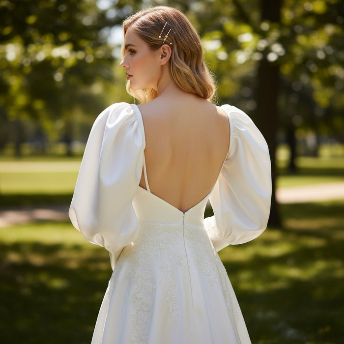 Long Lantern Sleeve Wedding Dresses & Bridal Gowns with V Neck - Rosymae