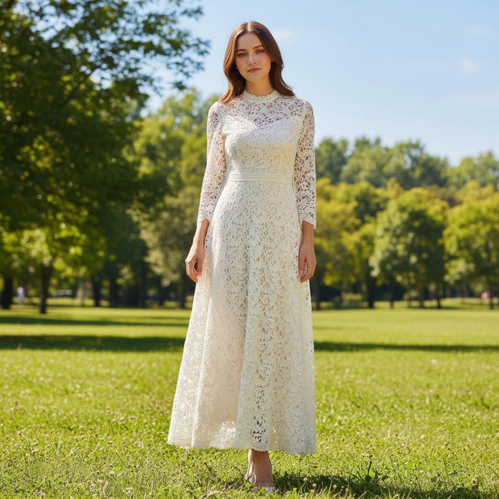Long Sleeve High Neck Lace Wedding Dress with Ankle Length - Rosymae