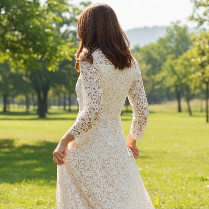 Long Sleeve High Neck Lace Wedding Dress with Ankle Length - Rosymae