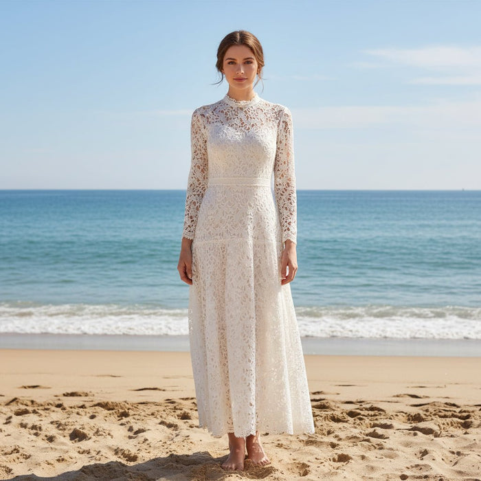 Long Sleeve High Neck Lace Wedding Dress with Ankle Length - Rosymae