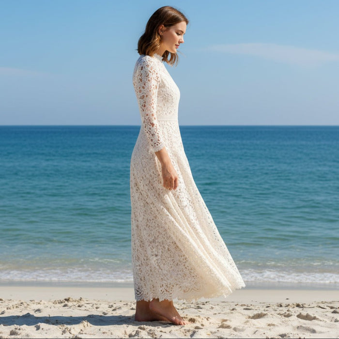 Long Sleeve High Neck Lace Wedding Dress with Ankle Length - Rosymae