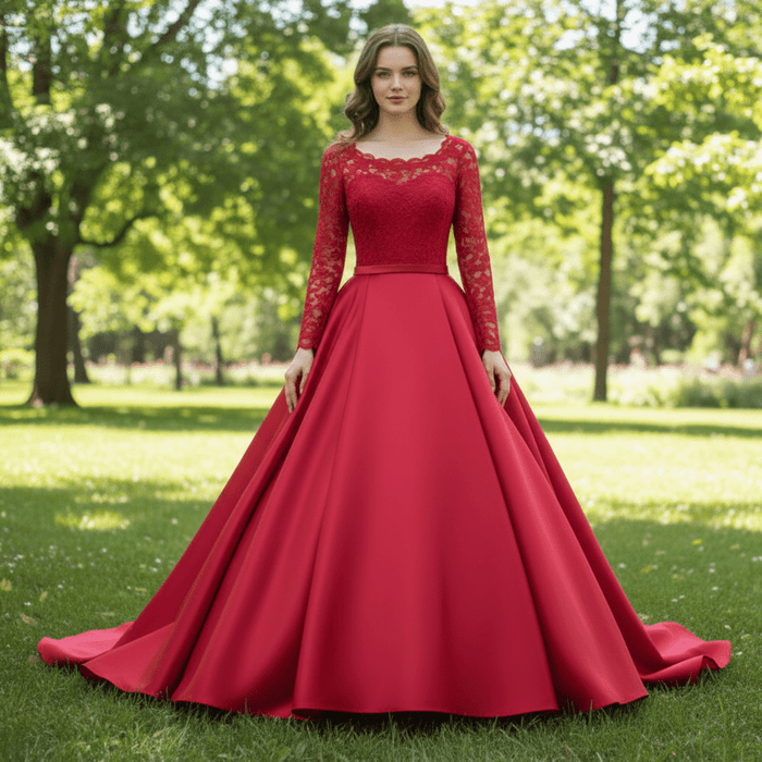 Long Sleeve Low Back A-line Satin Red Wedding Dresses - Rosymae