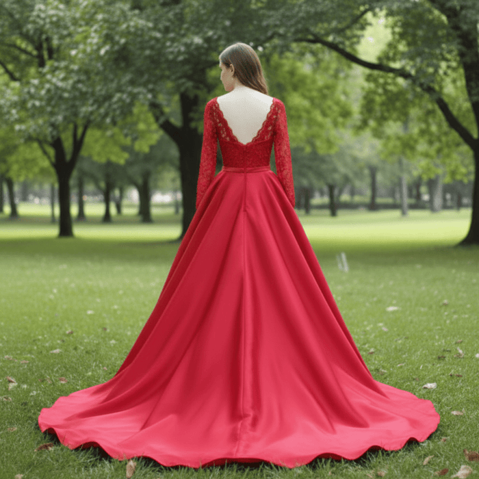 Long Sleeve Low Back A-line Satin Red Wedding Dresses - Rosymae