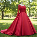 Long Sleeve Low Back A-line Satin Red Wedding Dresses - Rosymae