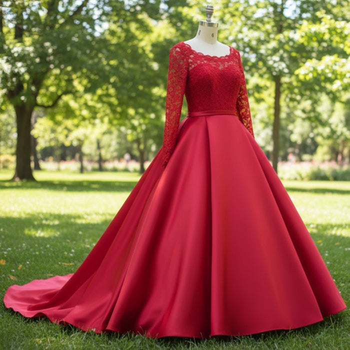 Long Sleeve Low Back A-line Satin Red Wedding Dresses - Rosymae