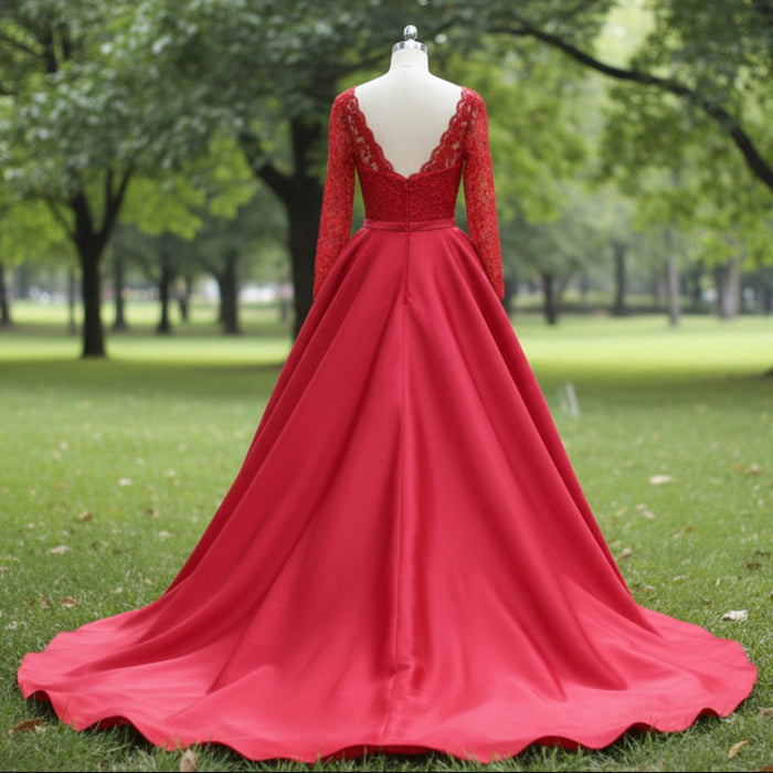 Long Sleeve Low Back A-line Satin Red Wedding Dresses - Rosymae
