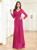 long-sleeve sequin wrap gown with draped detail – SERENA