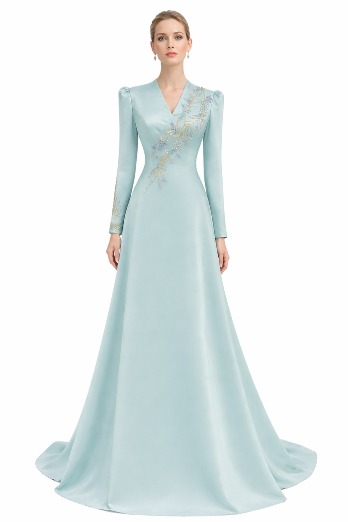 long-sleeve V-neck evening gown with embroidered sash – MINTA