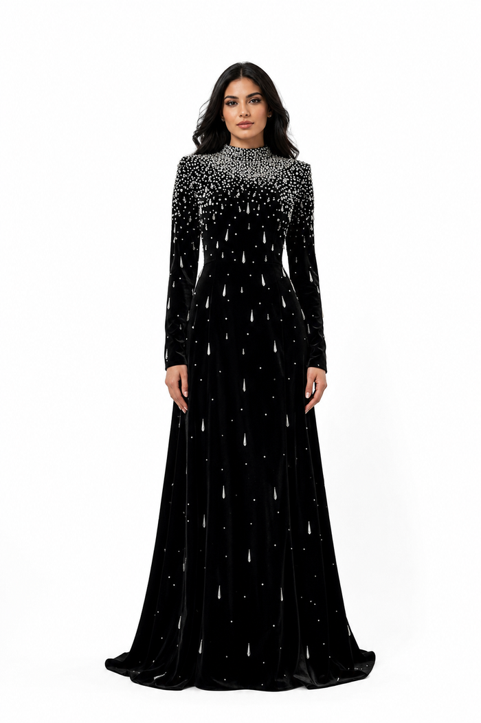 Long sleeve velvet gown with pearl cascade - Sinmu