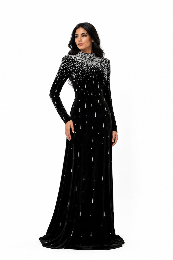 Long sleeve velvet gown with pearl cascade - Sinmu