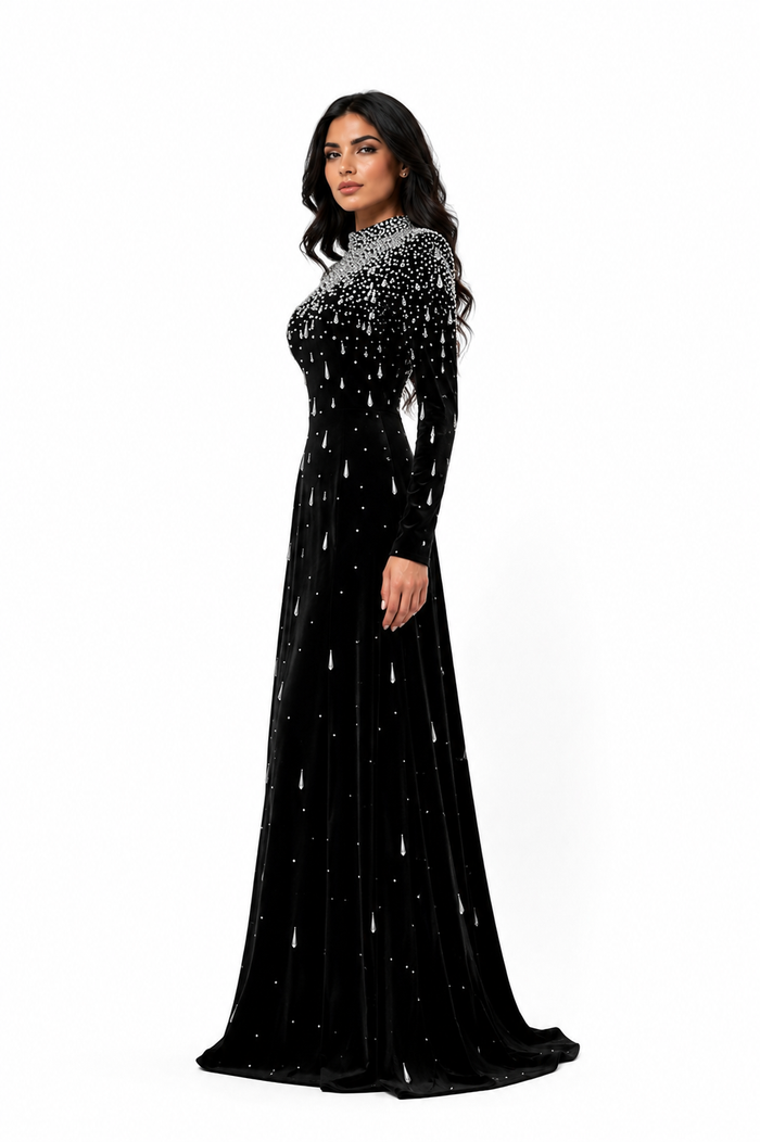 Long sleeve velvet gown with pearl cascade - Sinmu