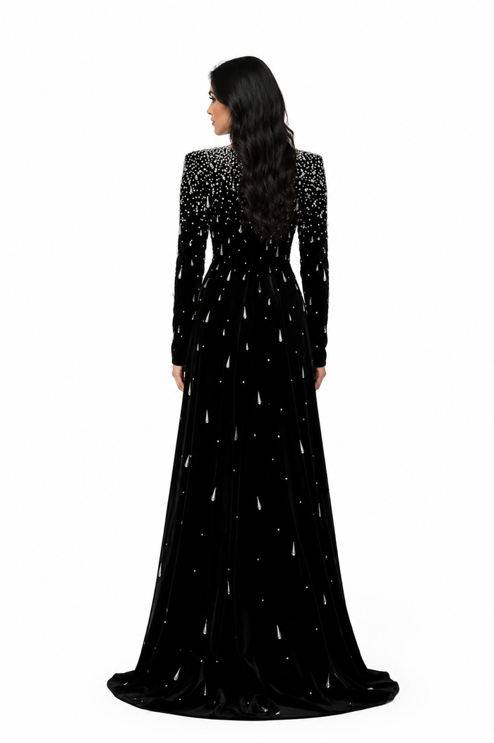 Long sleeve velvet gown with pearl cascade - Sinmu