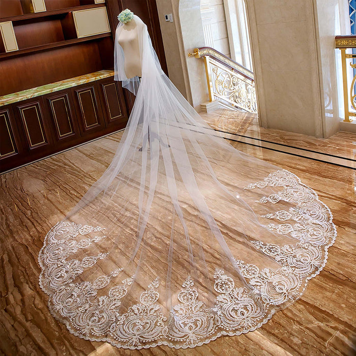 Long Soft Tulle Lace Appliqued Bridal Wedding Head Veil - Rosymae