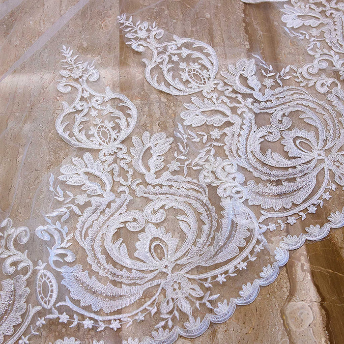 Long Soft Tulle Lace Appliqued Bridal Wedding Head Veil - Rosymae