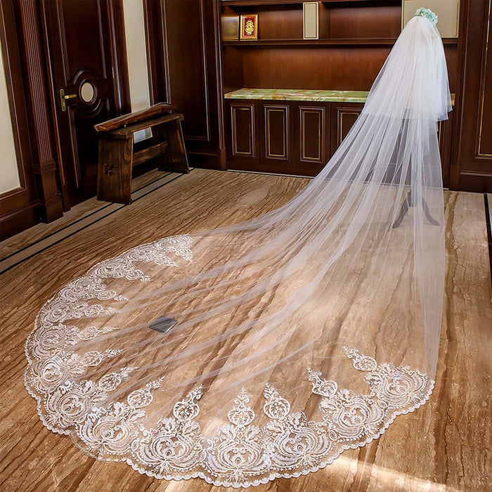 Long Soft Tulle Lace Appliqued Bridal Wedding Head Veil - Rosymae