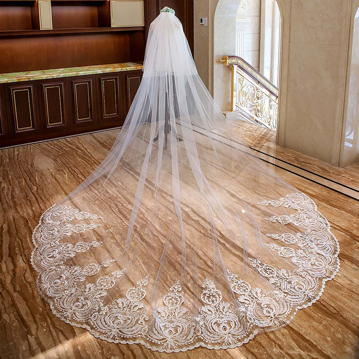 Long Soft Tulle Lace Appliqued Bridal Wedding Head Veil - Rosymae