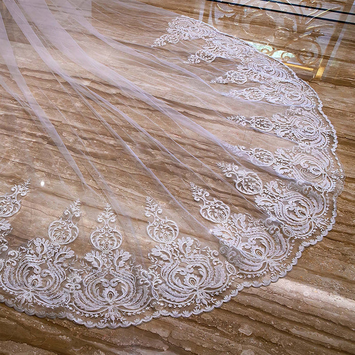 Long Soft Tulle Lace Appliqued Bridal Wedding Head Veil - Rosymae