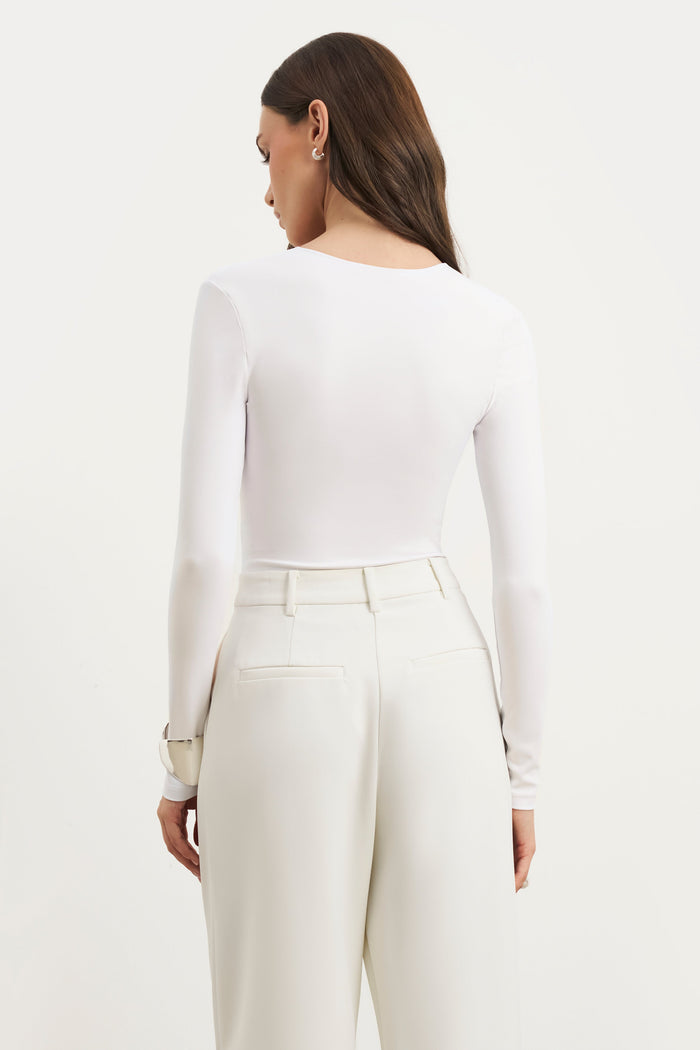 Longsleeve V Neck Plunge Bodysuit - White