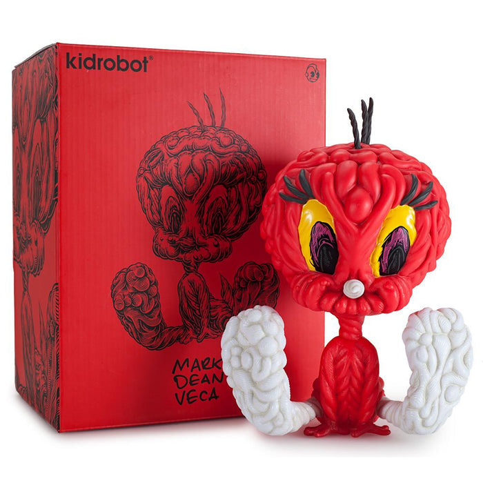 Looney Tunes Tweety Bird 8-inch art figure by Mark Dean Veca, featuring a red vinyl design and detailed cartoon character sculpture.